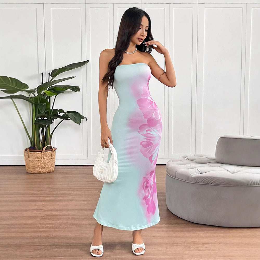 Women Clothing Summer Sexy Bandeau Slim Fit Printing Color Contrast Backless Sheath Dress Bella Mia